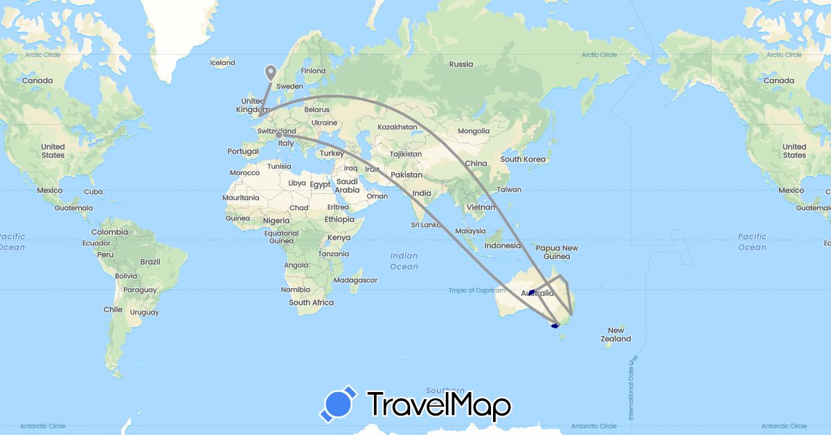 TravelMap itinerary: driving, plane in Australia, United Kingdom, Italy, Norway (Europe, Oceania)